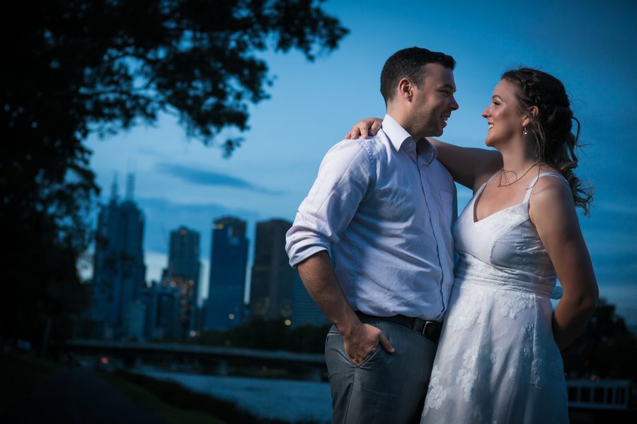 A couple portrait taken at blue hour with sharp, quiet focus