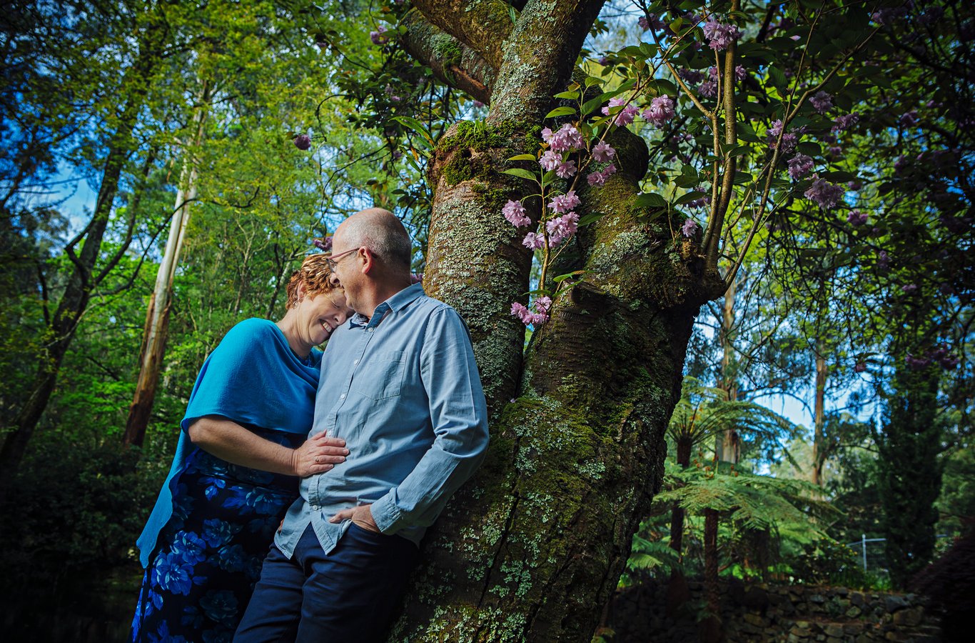 Couple under flowering purple tree with golden-hour light; exquisite composition